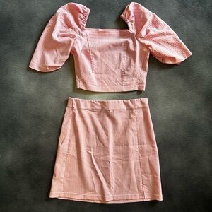 TOPSHOP Pink Gingham Puff-Sleeve Crop Top & Mini Skirt Set S/M